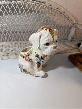 Vintage Ceramic Dog Planter Hand Painted Floral Puppy Vase Cute Decor